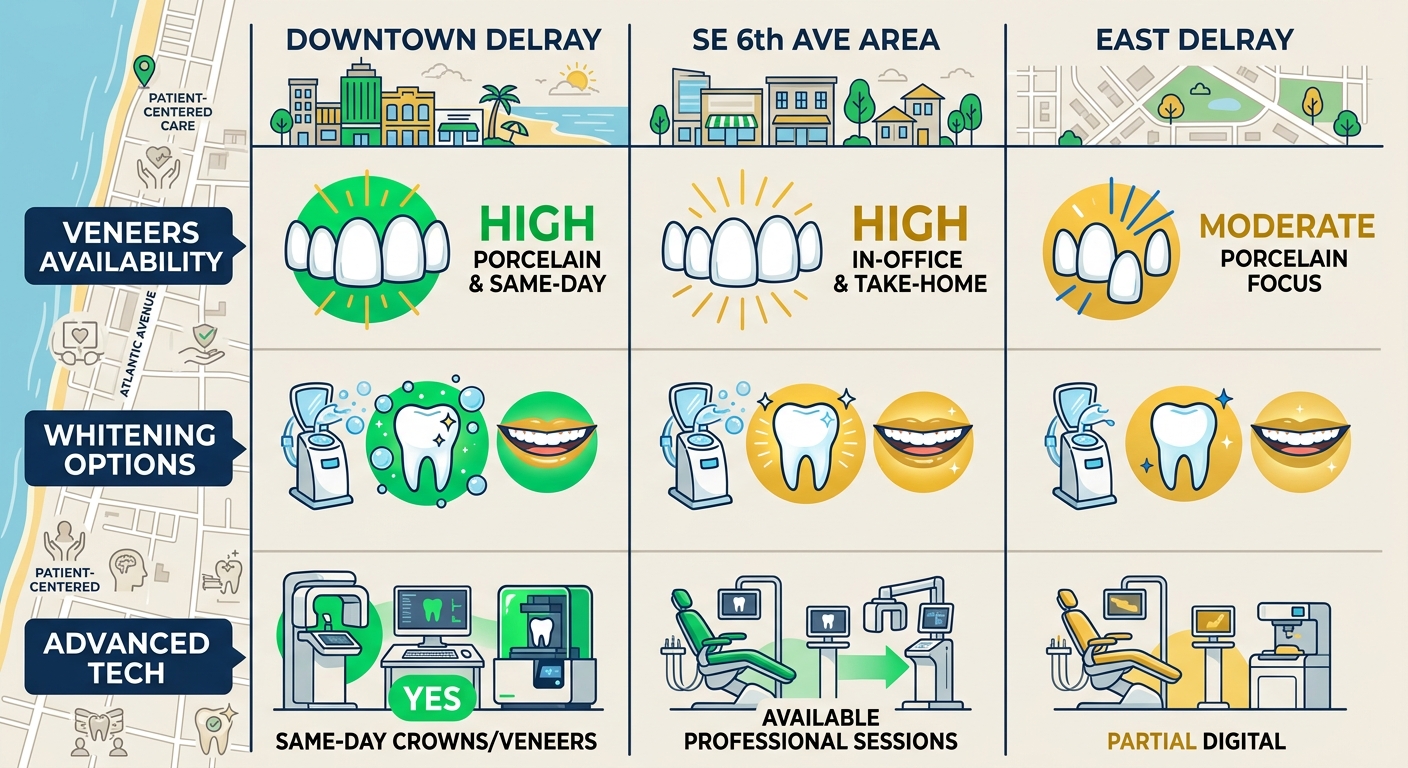 Comparison infographic of cosmetic dentistry services in Delray Beach neighborhoods including veneers, whitening, and advanced tech availability