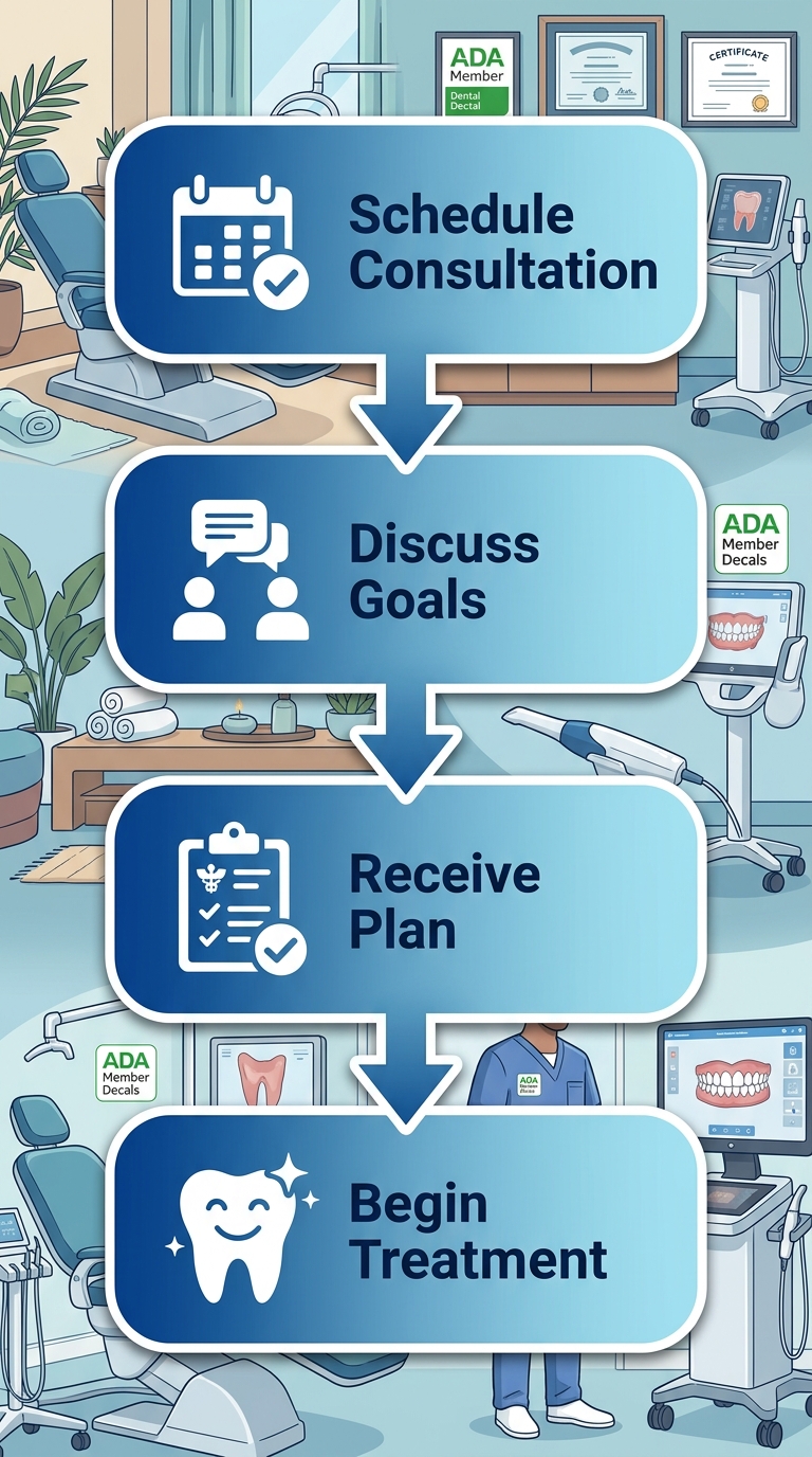 Vertical process flow diagram illustrating 4 steps to start cosmetic dentistry: schedule consultation, discuss goals, receive treatment plan, begin treatment with icons.