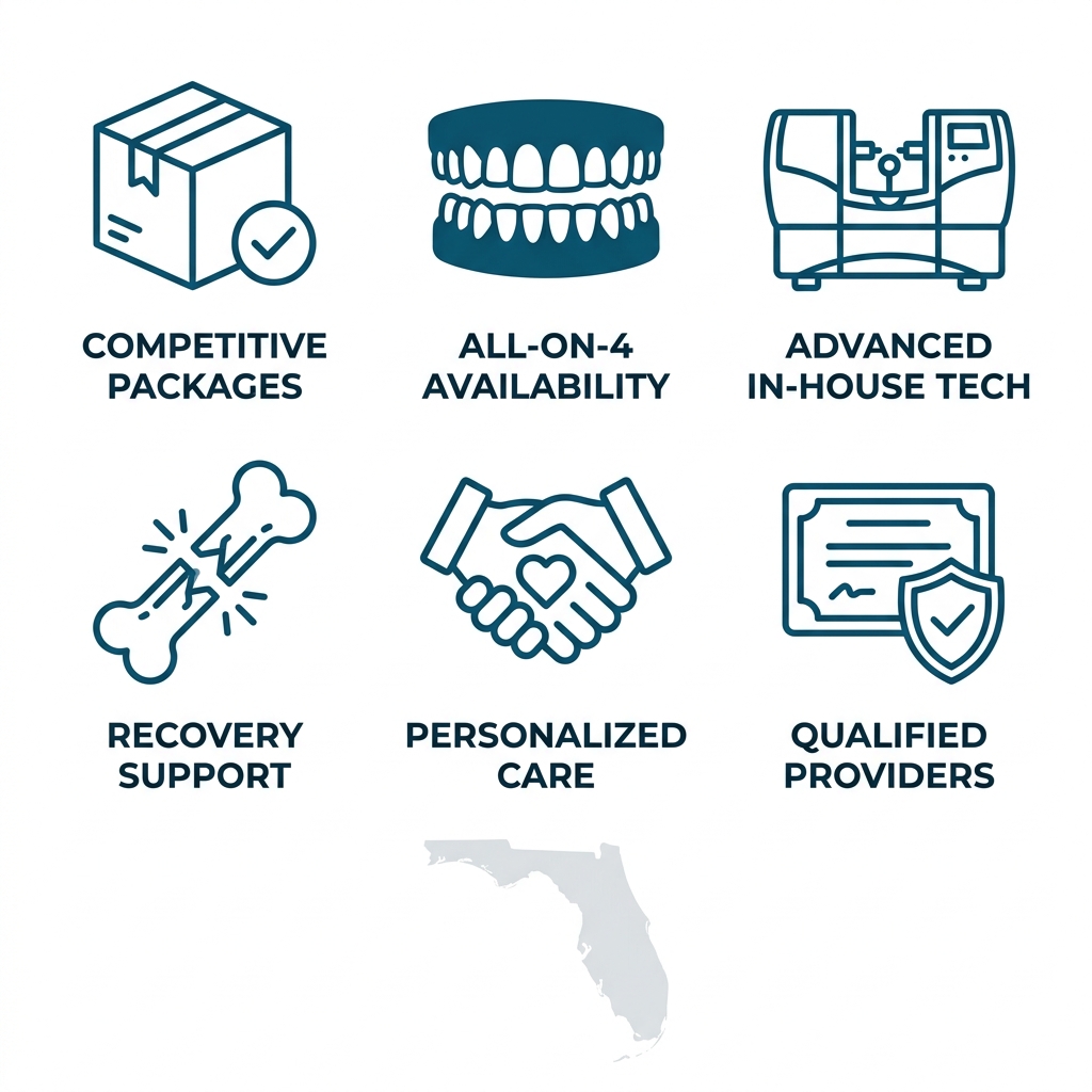 2x3 grid of teal blue outline icons depicting Boynton Beach dental implants: competitive packages, All-on-4, in-house tech, recovery, personalized care, qualified providers.