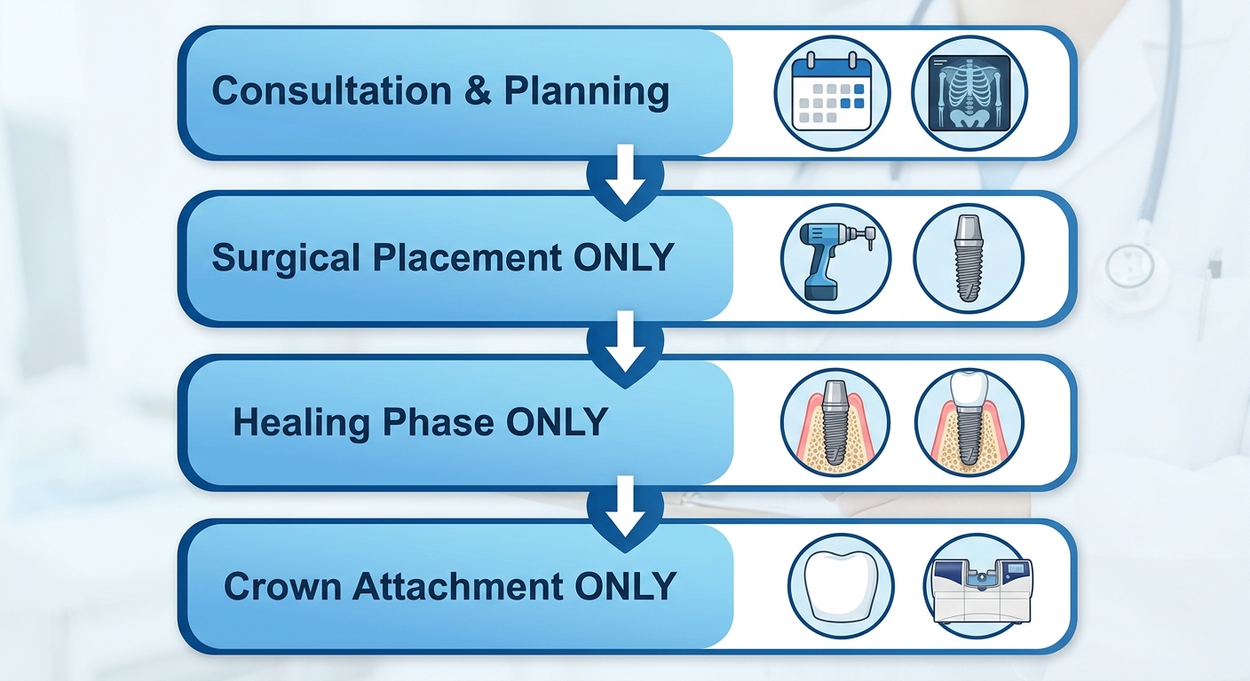 Vertical process flow diagram of four dental implant stages: initial consultation, surgical placement, healing osseointegration, and crown attachment with relevant icons.