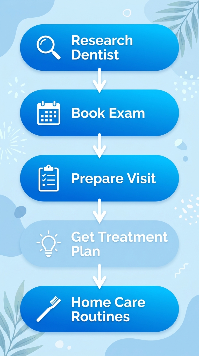 Vertical process flow diagram illustrating five steps to start dental care: research dentist with magnifying glass, book exam with calendar, prepare visit with clipboard, get treatment plan with lightbulb, home care routines with toothbrush.