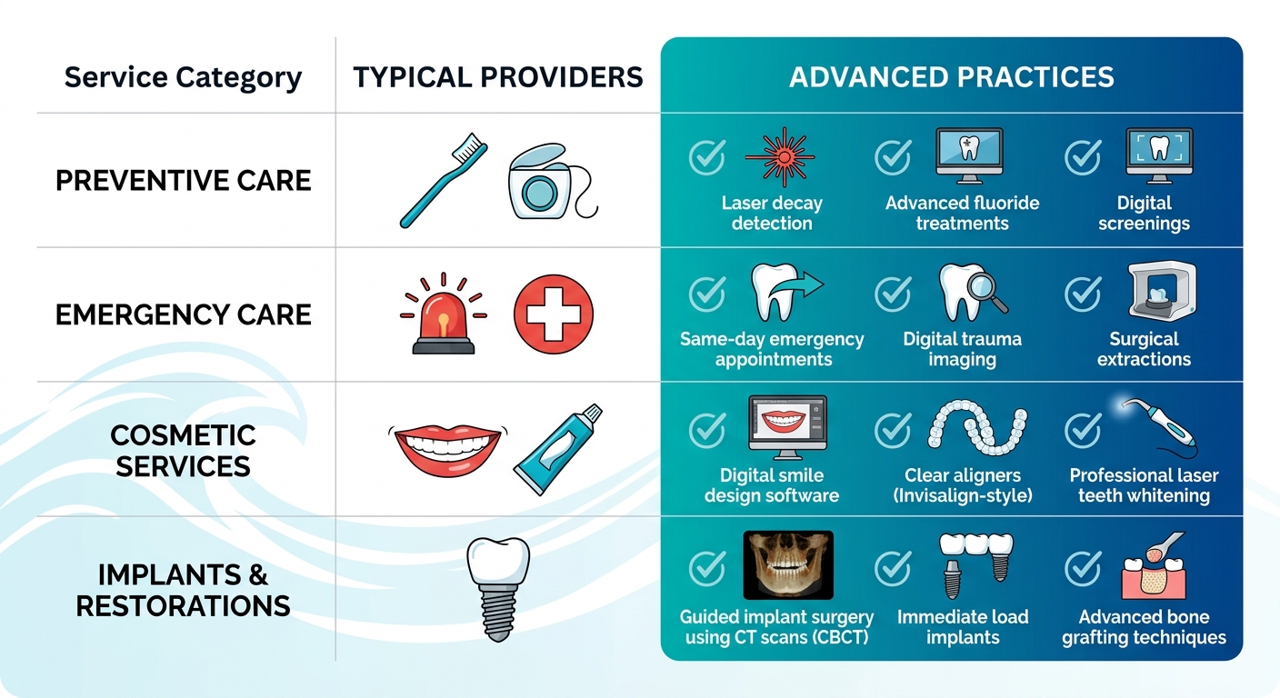 Infographic comparing typical versus advanced dental services in Lake Worth, Florida: preventive care, emergency, cosmetic, implants and restorations