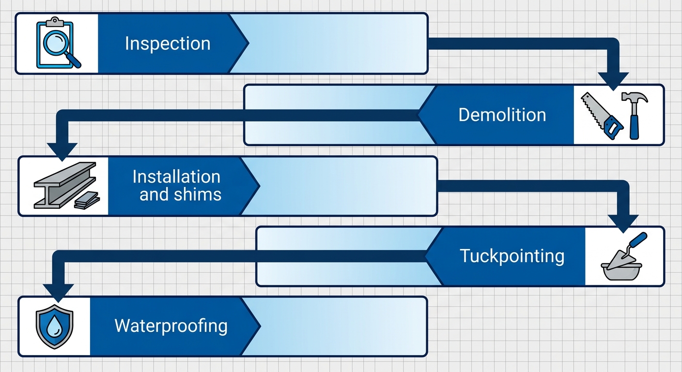 Vertical process flow diagram of 5-step lintel replacement: inspection, demolition, new installation, tuckpointing integration, waterproofing sealing.