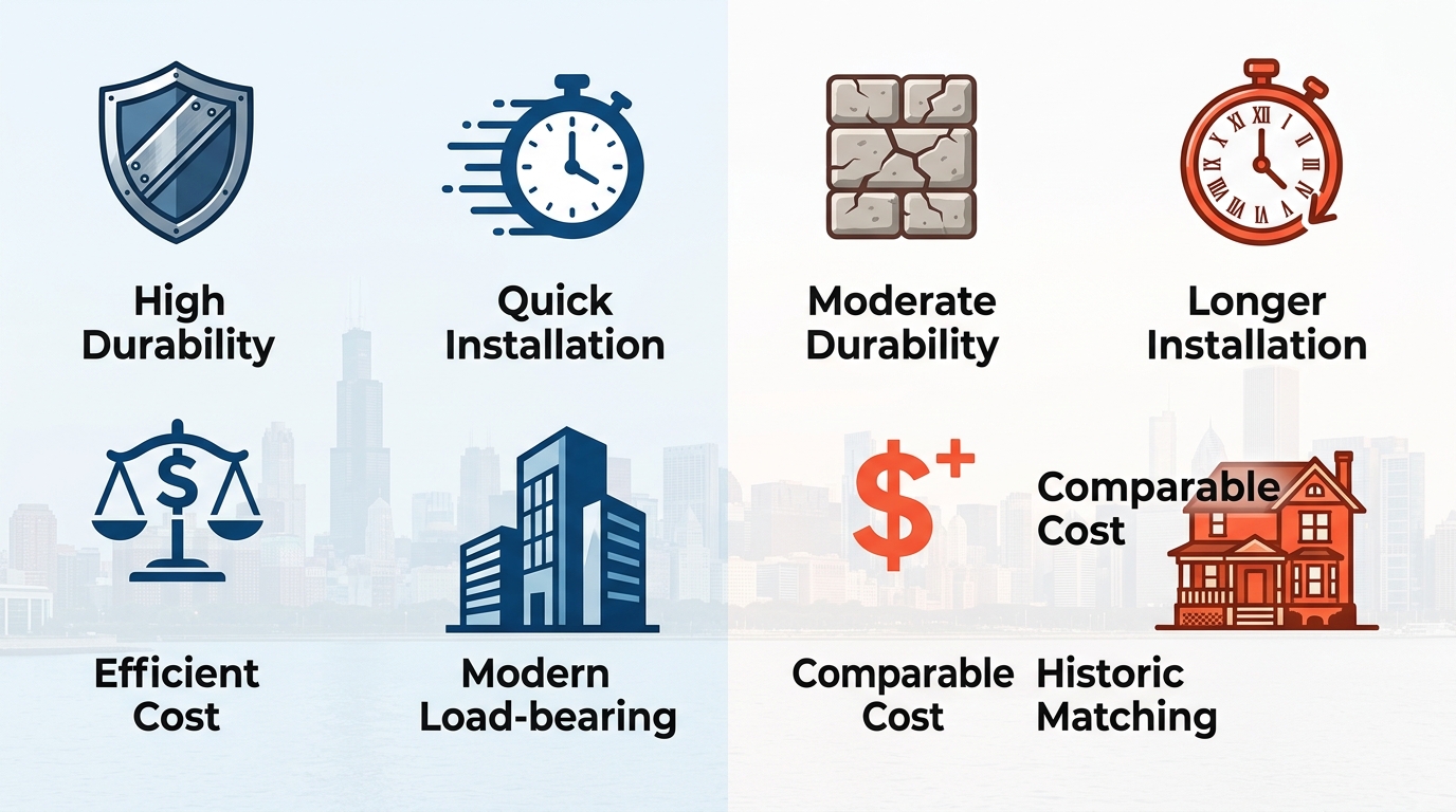 Infographic comparing steel and brick lintel replacement advantages with icons for Chicago properties