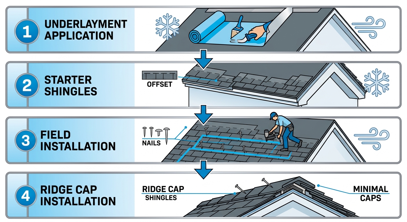 Steep Slope Shingle Roof Installations Chicago 2 Vertical process flow diagram illustrating four stages of steep slope shingle roof installation: underlayment with ice shields, starter shingles, field nailing, ridge capping, Chicago snow and wind elements.
