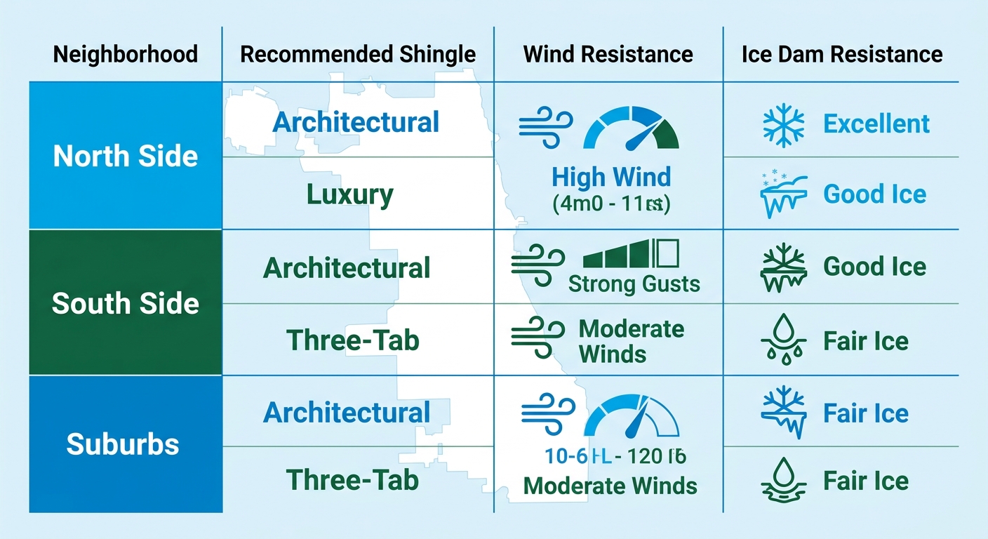 Steep Slope Shingle Roof Installations Chicago 1 Infographic table showing recommended shingles, wind resistance, and ice dam resistance for Chicago North Side, South Side, and Suburbs steep slope roofs