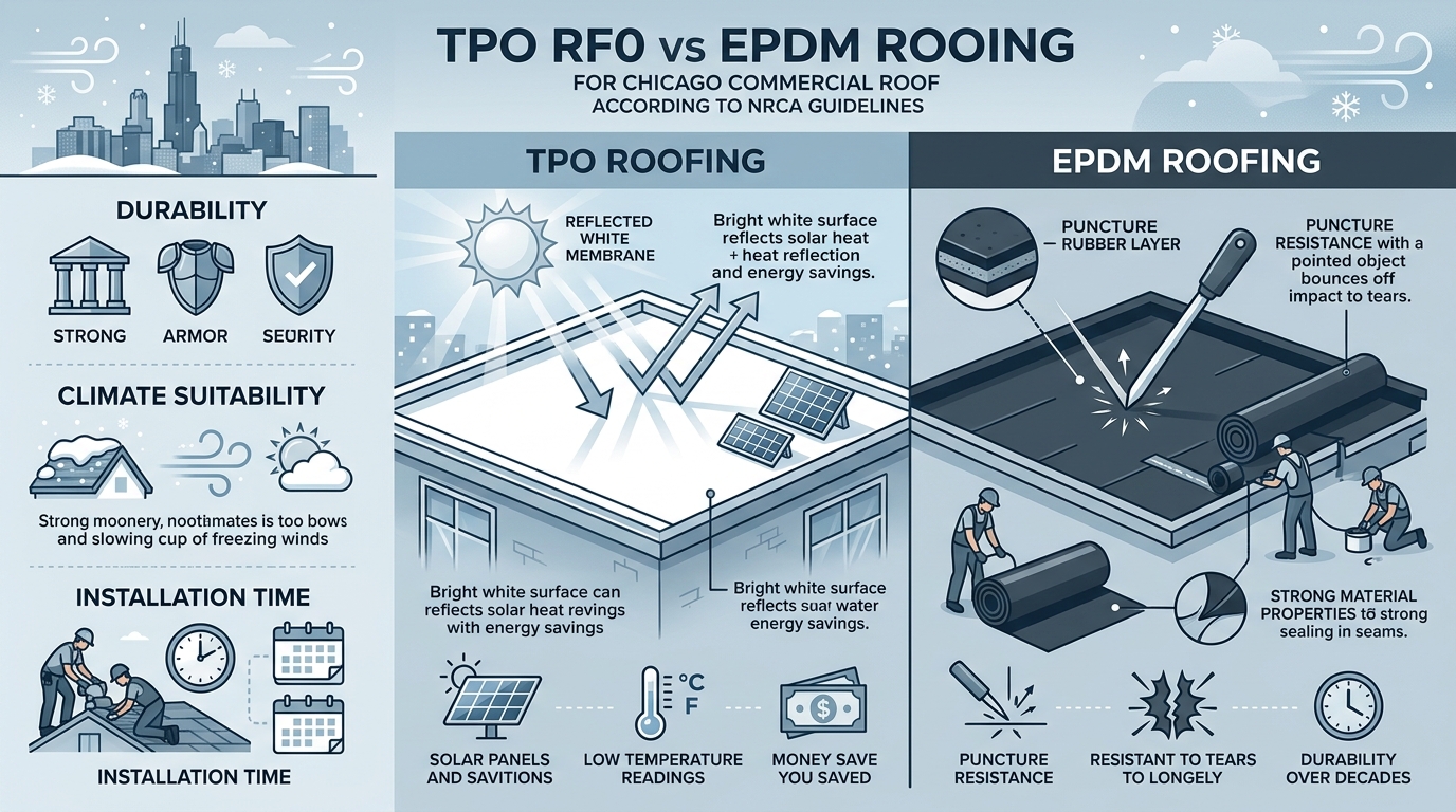 Infographic comparing TPO and EPDM commercial roofing membranes on durability, climate suitability, and installation time for Chicago.