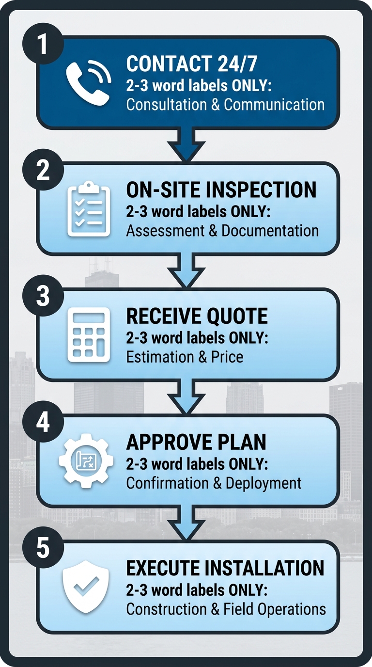 Vertical 5-step process flow for commercial roof replacement: contact, inspection, quote, approval, and installation with icons and Chicago skyline.
