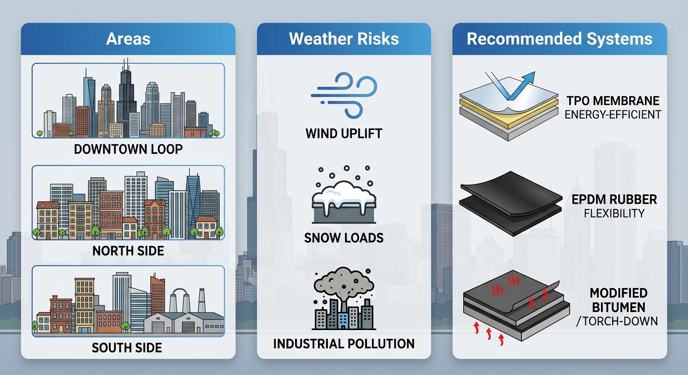 Chicago Commercial Roofing 1 Infographic comparing Chicago commercial roofing areas, key weather risks with icons, and recommended systems like TPO, EPDM, Modified Bitumen.