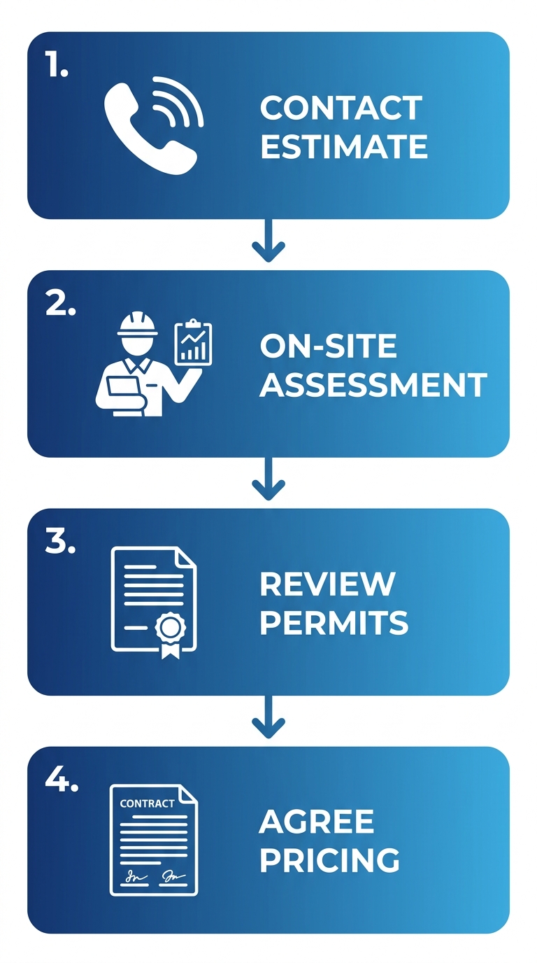 Chicago Commercial Roofing 2 Vertical process flow diagram outlining four steps to initiate commercial roofing projects in Chicago with icons and minimal labels
