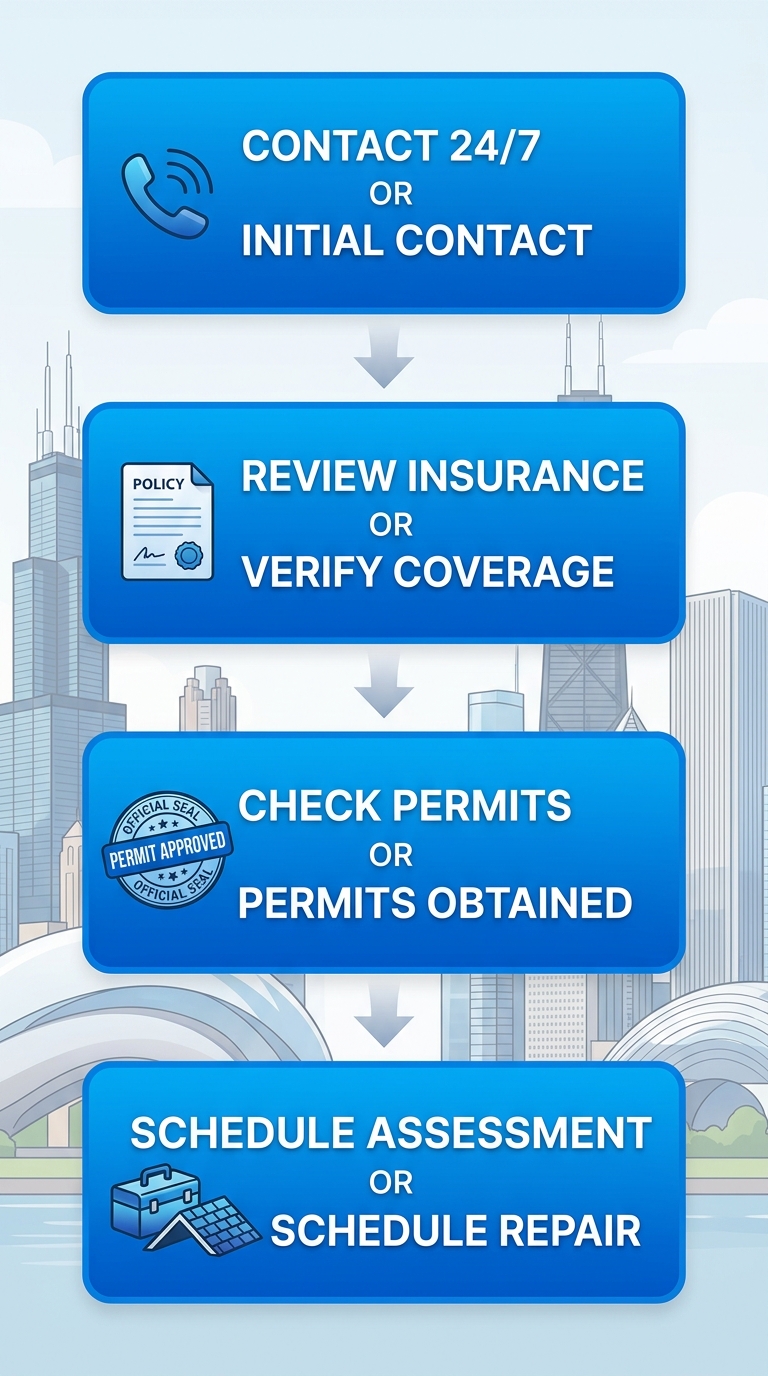 Vertical process flow diagram outlining steps to initiate roof leak repair.