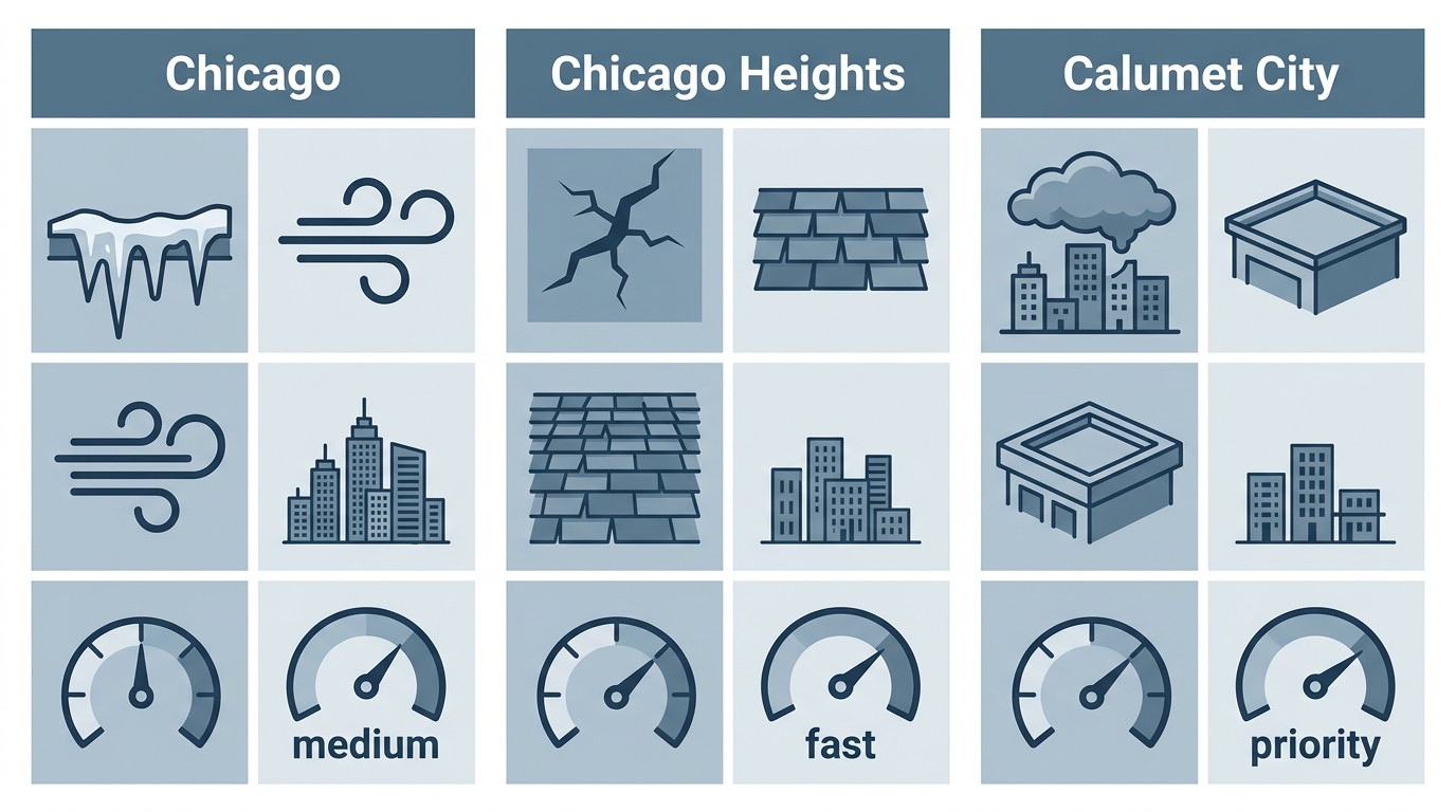 Infographic comparing roof leak risks in Chicago, Chicago Heights, and Calumet City.