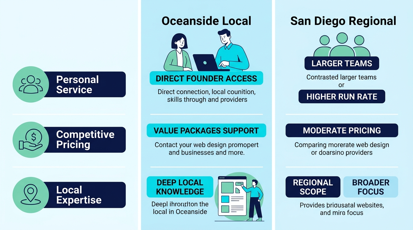 Infographic comparing Oceanside local web design providers versus San Diego regional ones across service, pricing, and expertise criteria