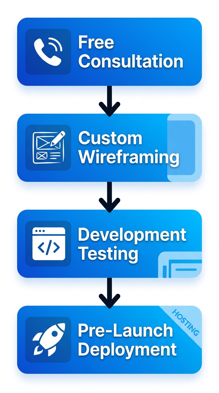 Vertical process flow diagram of four stages for launching an Oceanside website: consultation, design, development, and deployment.