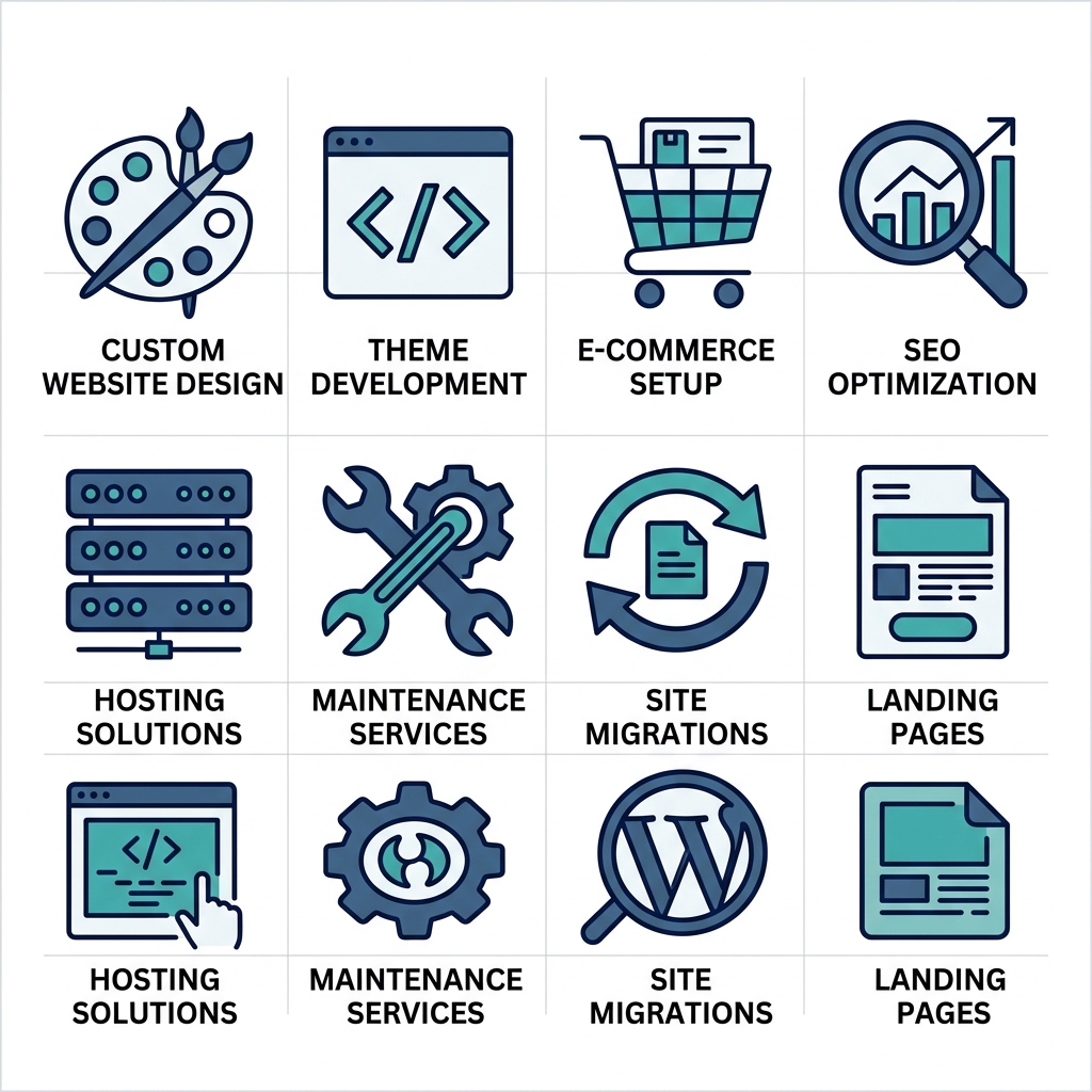2x4 grid of flat outline icons representing Oceanside WordPress developer services: design, themes, e-commerce, SEO, hosting, maintenance, migrations, landing pages