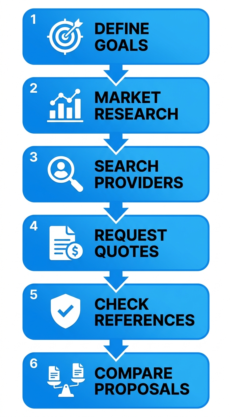 Vertical process flow diagram illustrating six steps to hire a web designer: Define Goals, Market Research, Search Providers, Request Quotes, Check References, Compare Proposals with relevant icons.