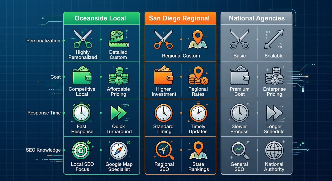 Infographic comparing Oceanside local, San Diego regional, and national web design providers across personalization, cost, response time, and SEO knowledge with icons.