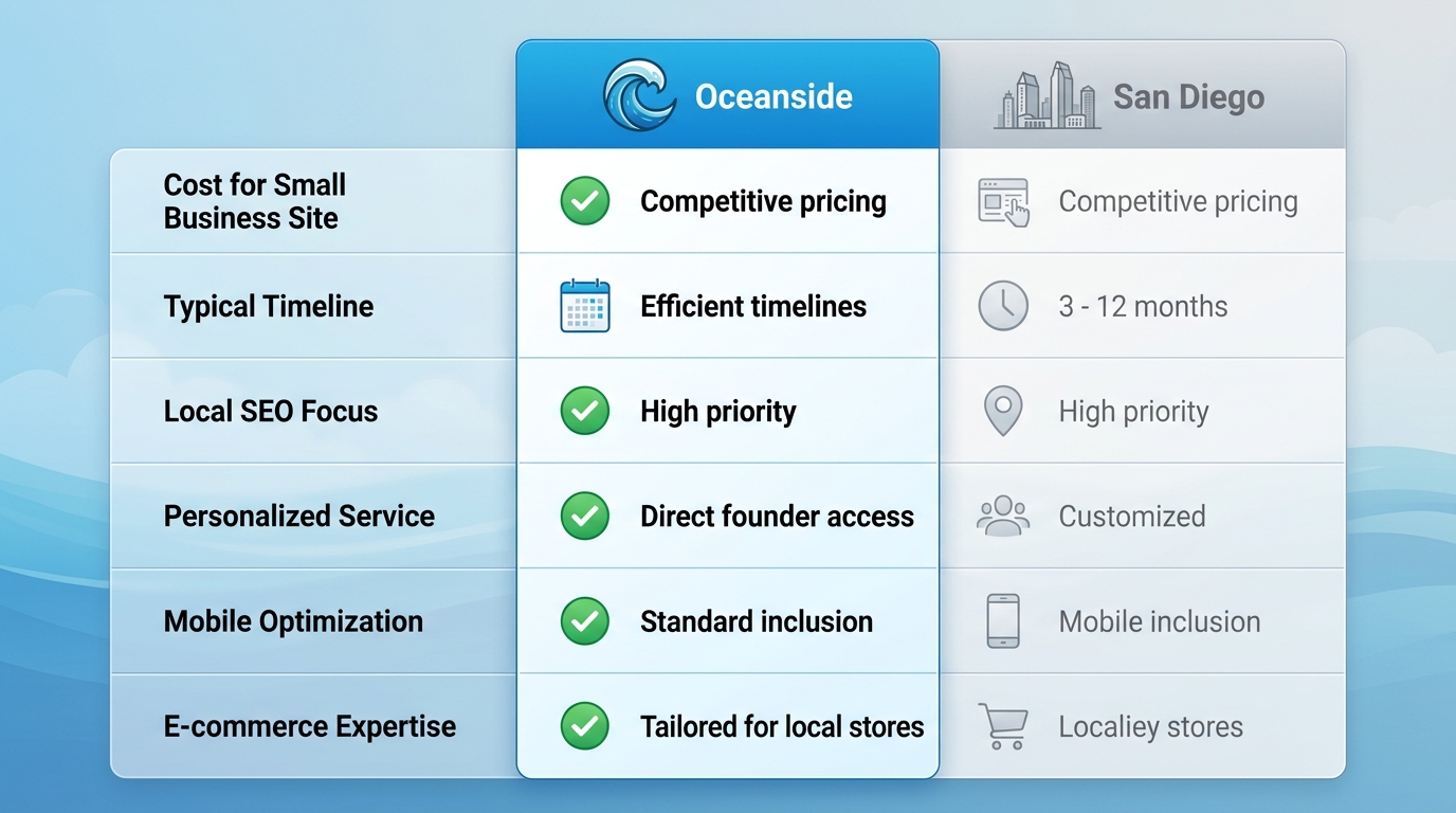 Infographic comparing Oceanside web design advantages in cost, timeline, SEO, service, mobile optimization, e-commerce against San Diego providers