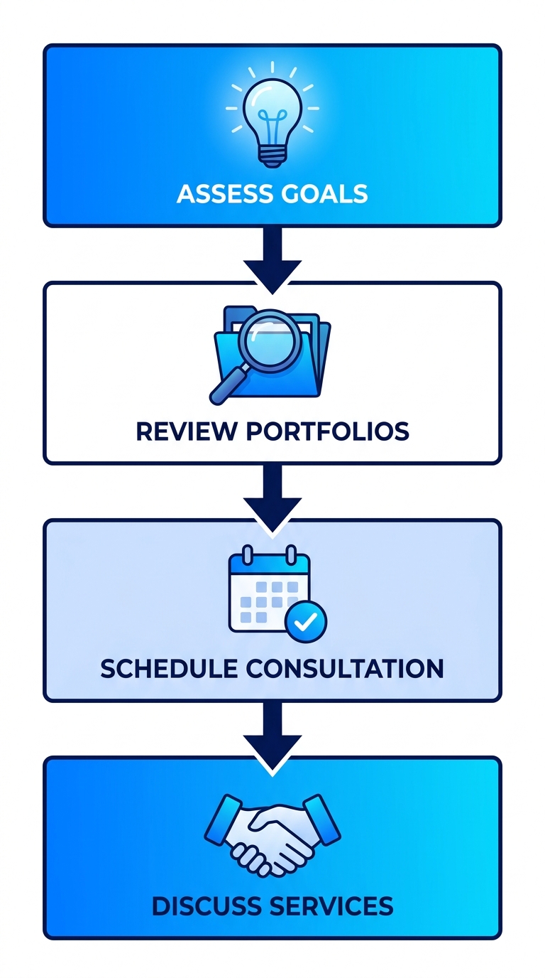 Vertical process flow illustrating 4 steps to start with Oceanside web designer: assess goals with lightbulb, review portfolios with magnifying glass, schedule consultation with calendar, discuss services with handshake.