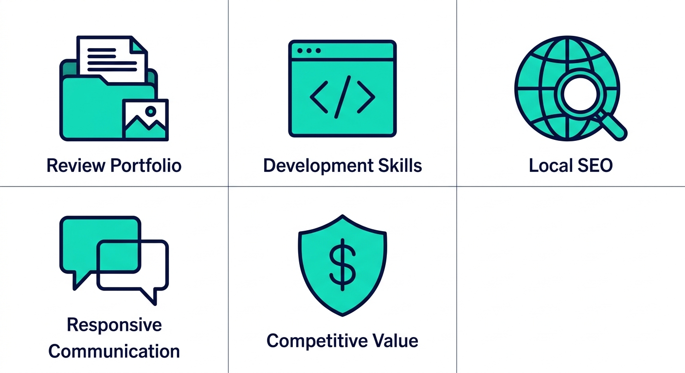 Grid of five icons illustrating key criteria for choosing local web designers in Oceanside: portfolio review, development skills, local SEO, communication, and competitive value.