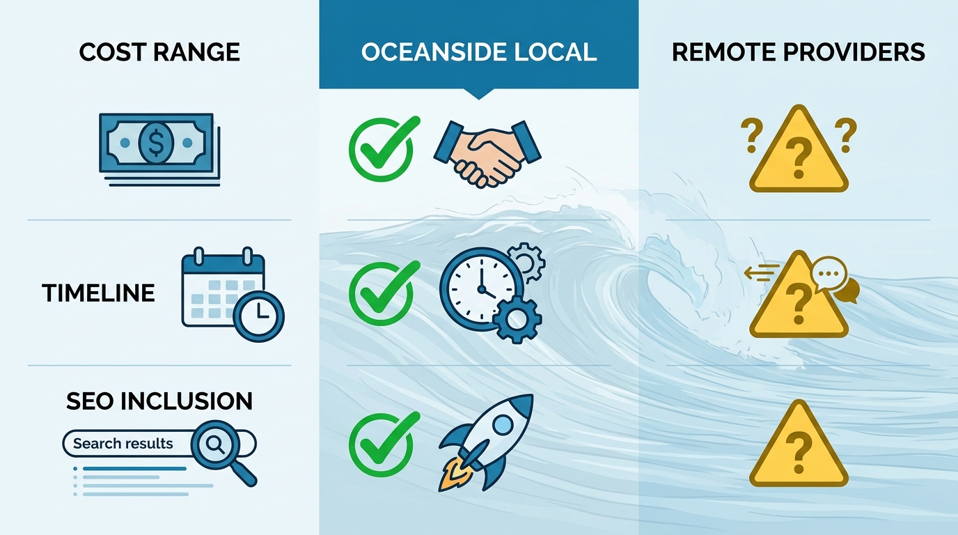 Infographic comparing Oceanside local and remote web design providers on cost range, timeline, and SEO inclusion factors with icons and advantages highlighted