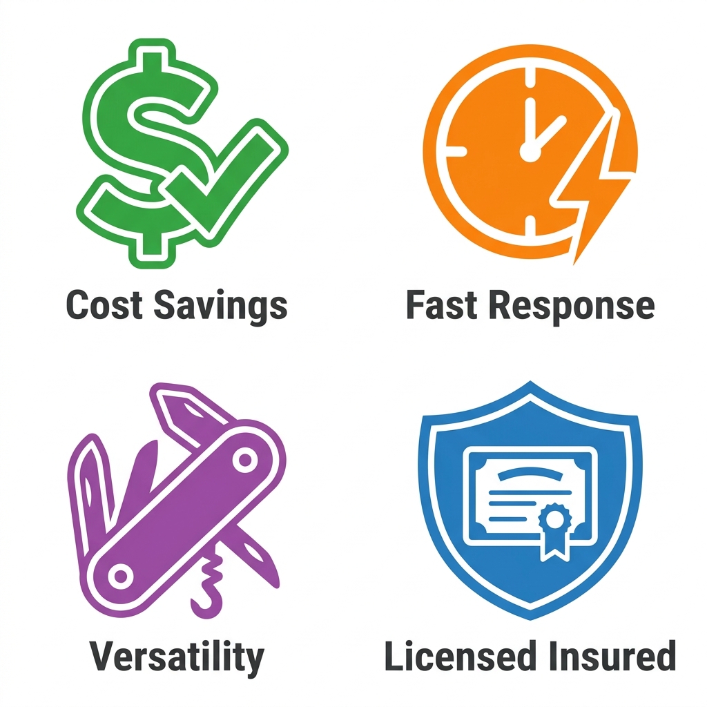2x2 grid of icons: cost savings dollar with checkmark, fast response clock with lightning, versatility multi-tool, licensed insured shield with certificate for Seattle handyman benefits.