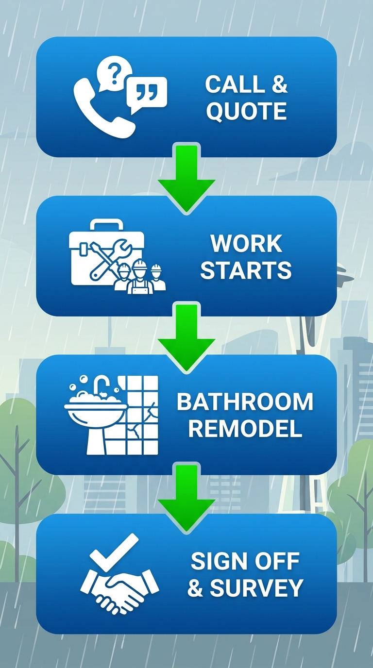 Vertical process flow diagram of four stages for handyman services in Seattle: consultation, execution, remodeling, and completion.