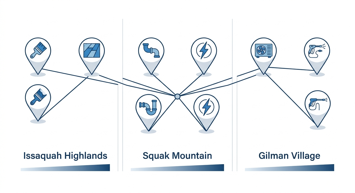 Infographic illustrating handyman services across Issaquah neighborhoods: painting and flooring in Highlands, plumbing and electrical in Squak Mountain, HVAC and pressure washing in Gilman Village