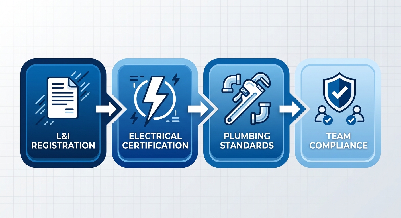 Horizontal process flow diagram of Washington State handyman licensing steps for Issaquah: registration, electrical certification, plumbing standards, and team compliance with icons.
