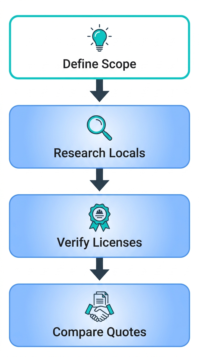 Vertical process flow diagram for hiring a Bothell general contractor: define scope, research locals, verify licenses, compare quotes.