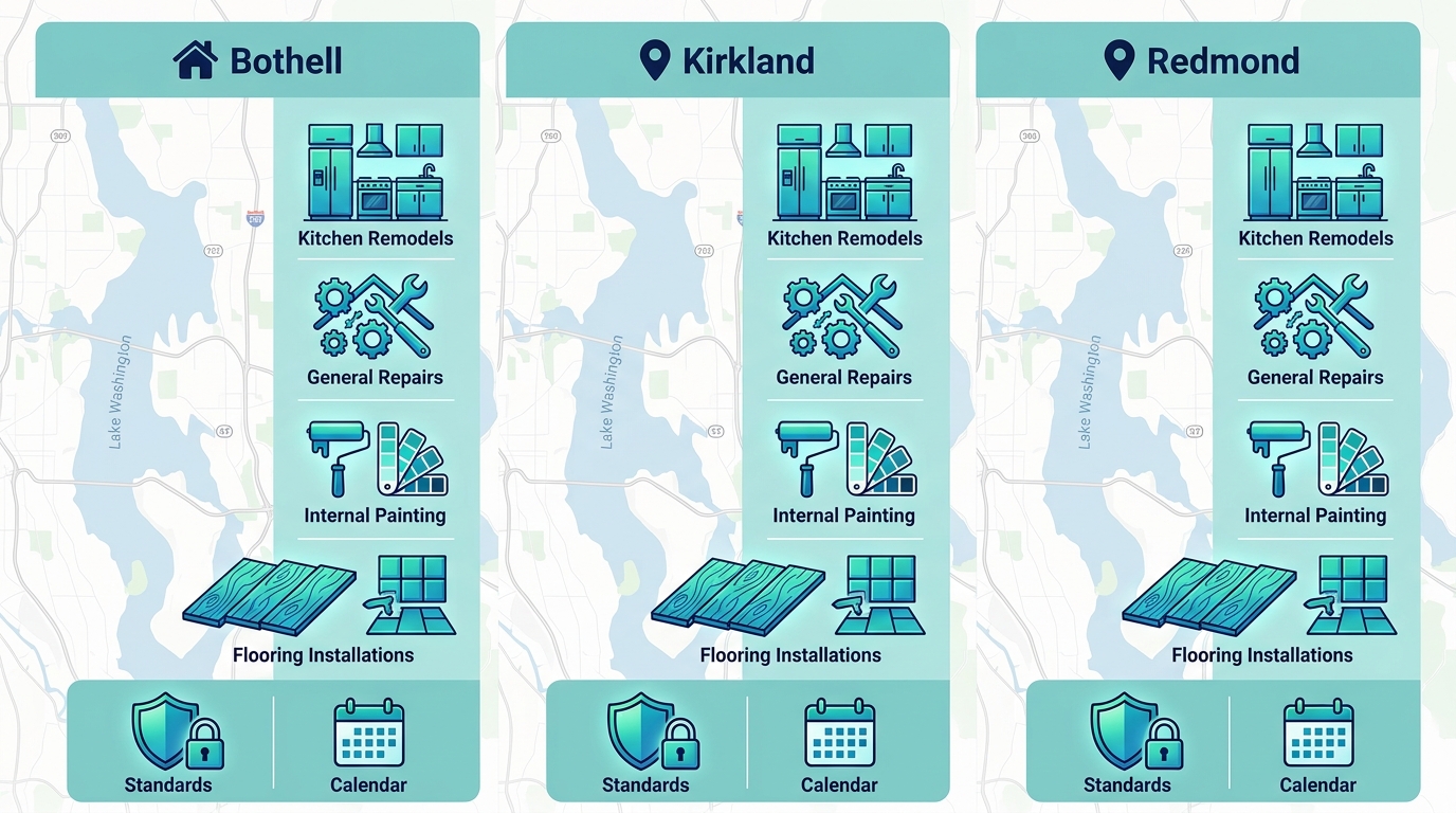 Infographic comparing construction and remodeling services, regulations, and timelines in Bothell, Kirkland, and Redmond neighborhoods