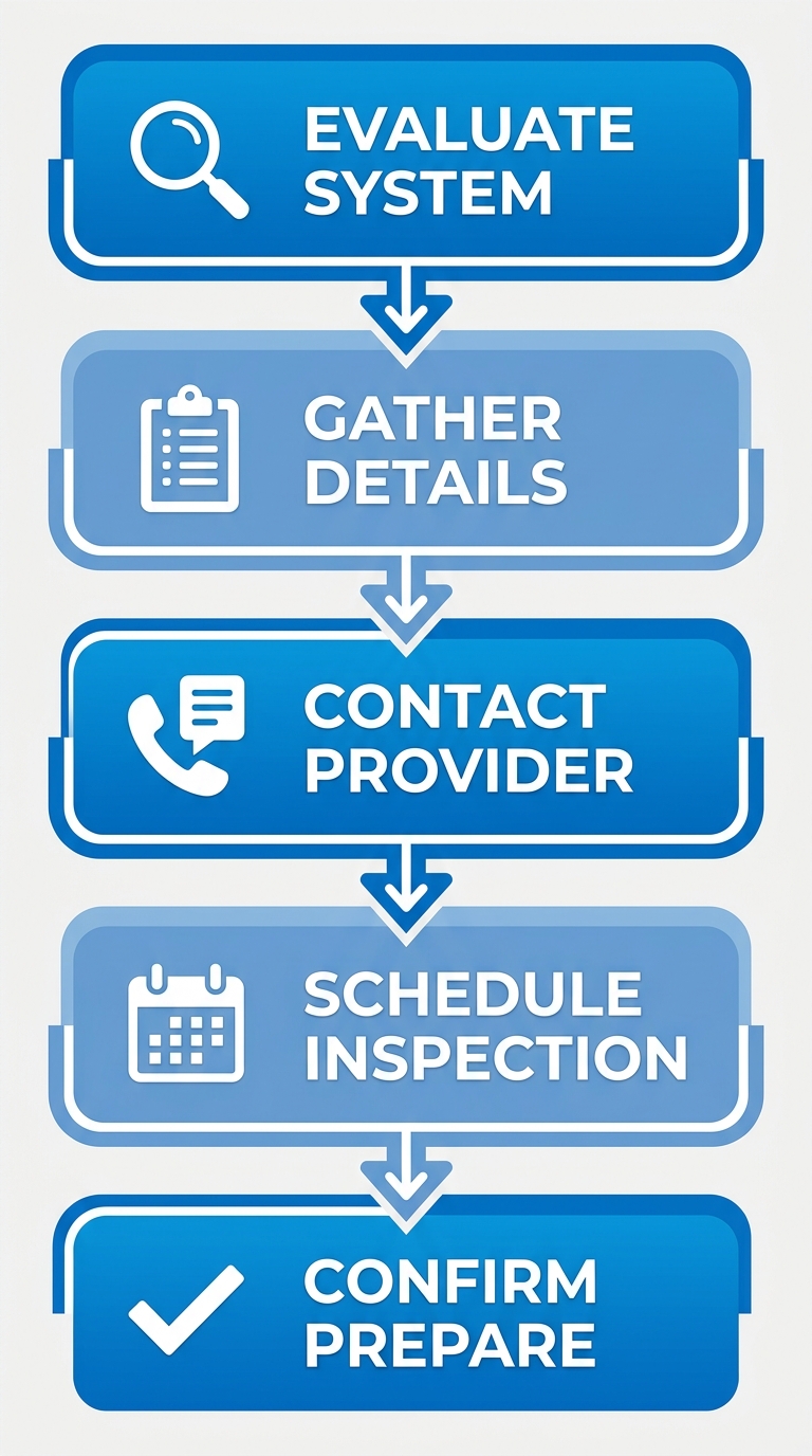 Vertical process flow diagram of 5 steps to arrange commercial irrigation maintenance in Manalapan: evaluate, gather, contact, schedule, confirm.