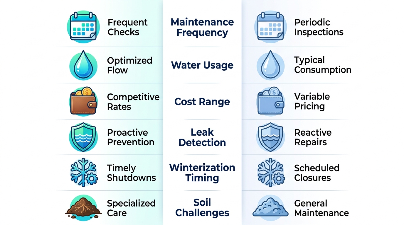 Infographic comparing key irrigation maintenance aspects for Manalapan versus Monmouth County averages with icons