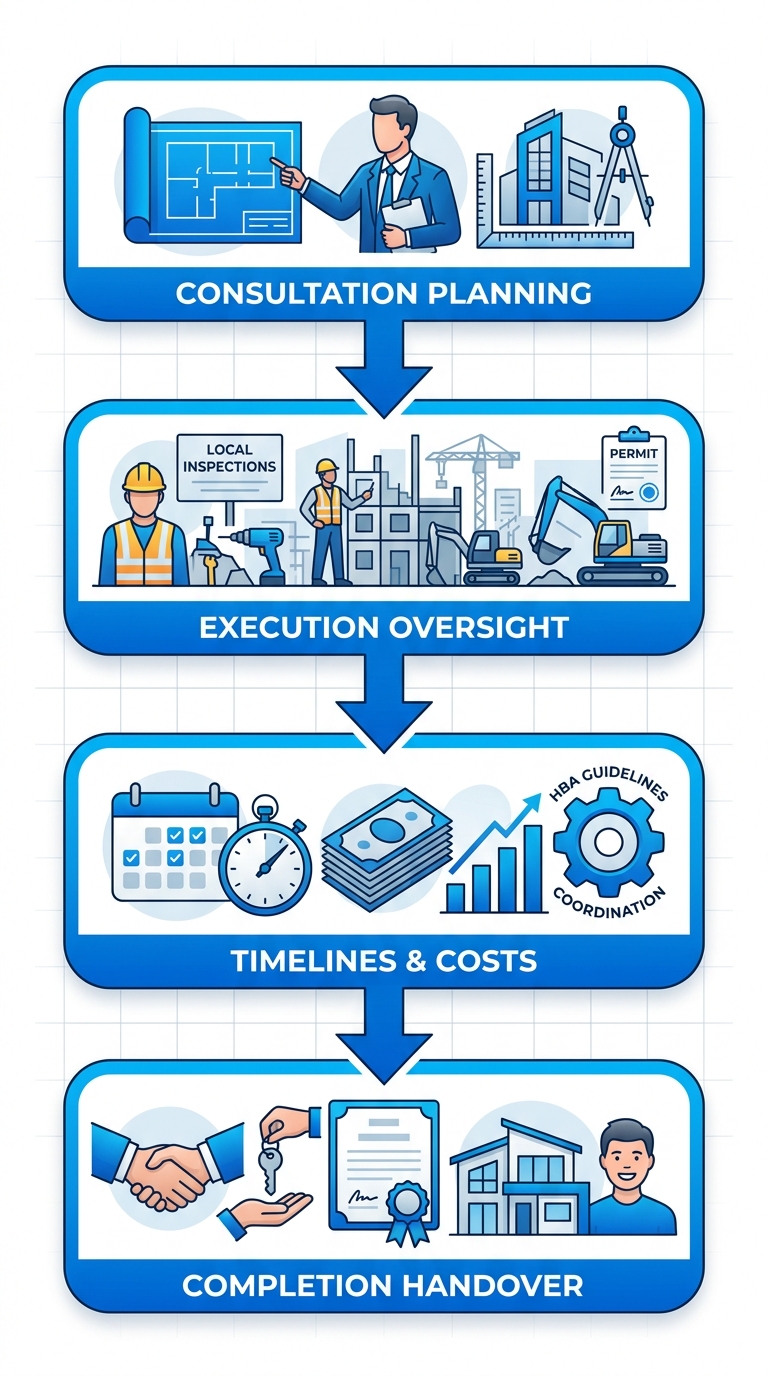 Vertical process flow diagram of four key stages in general contractors project management near Denver: consultation planning execution oversight timelines costs and completion handover