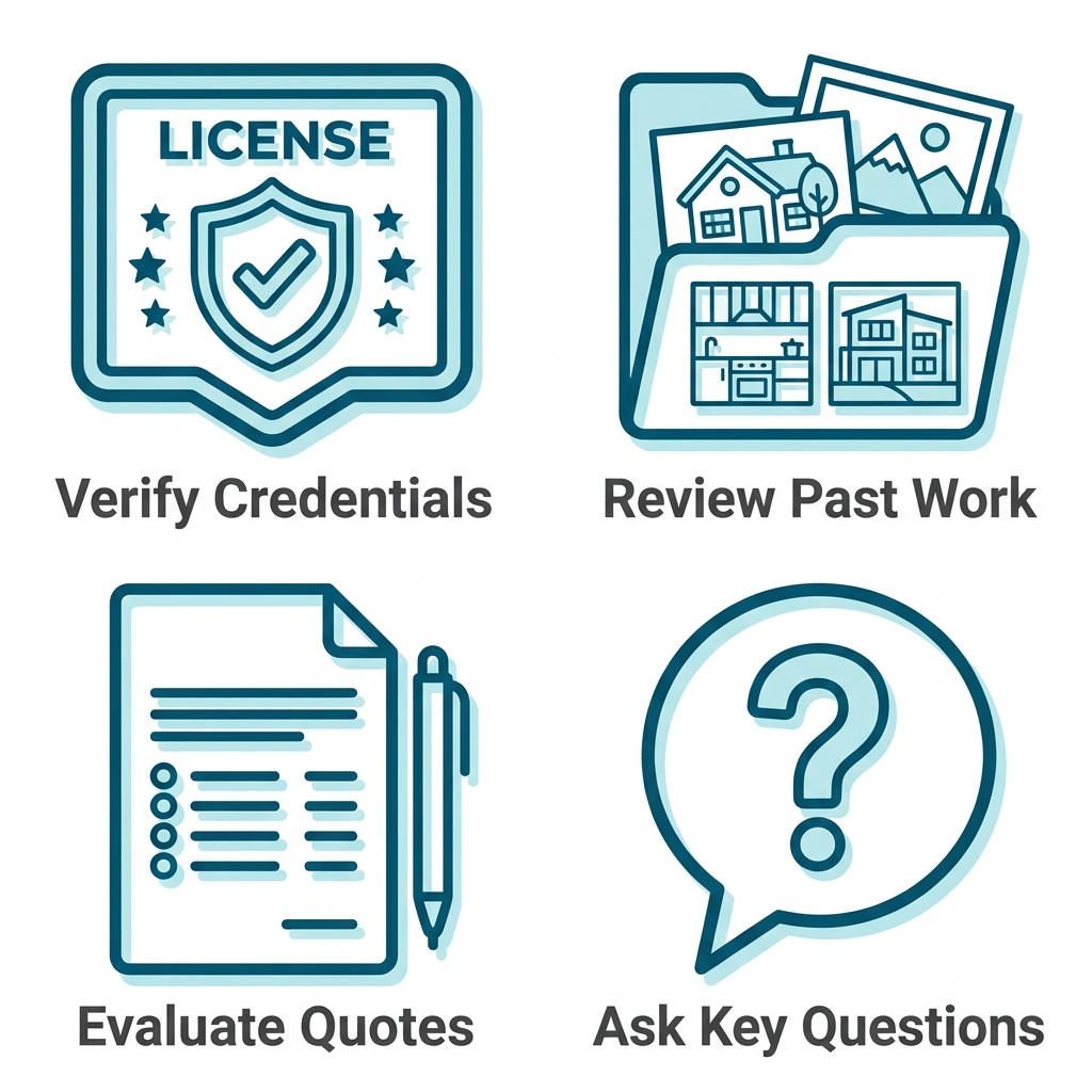 2x2 grid of outline icons for hiring contractors: license badge verify credentials, portfolio review work, contract evaluate quotes, speech bubble ask questions, teal blue on white background