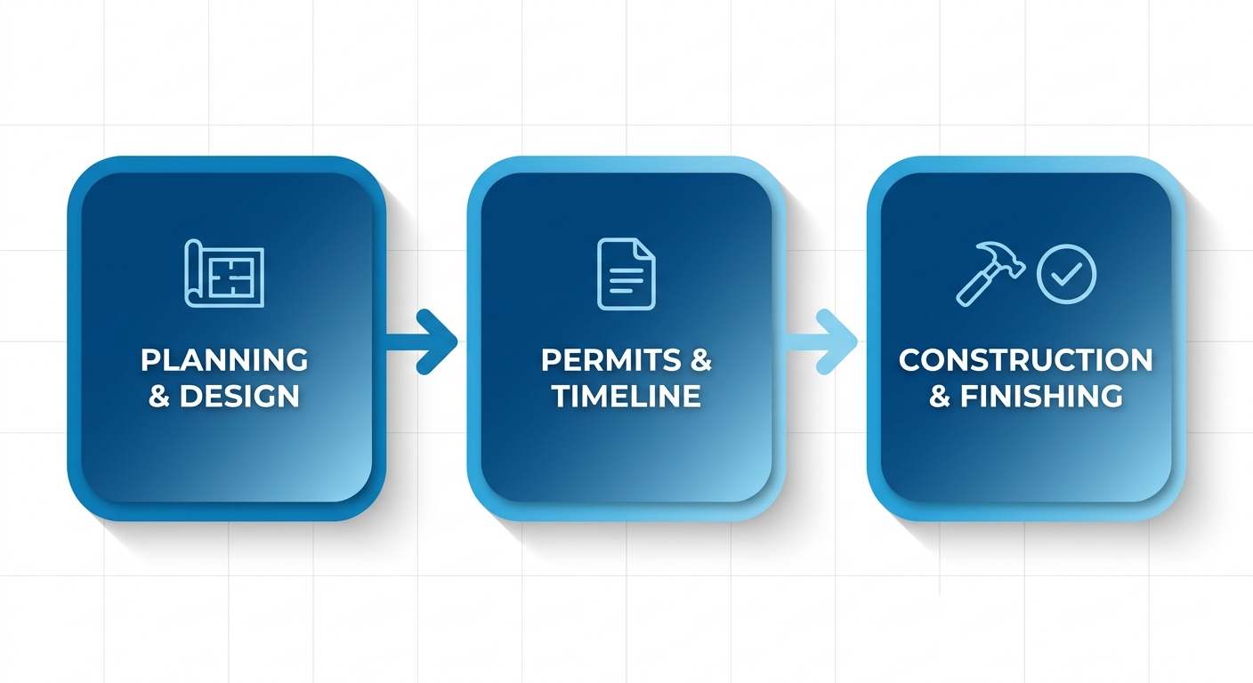 Horizontal process flow diagram illustrating three phases of custom bathroom remodeling: planning and design, permits and timeline, construction and finishing