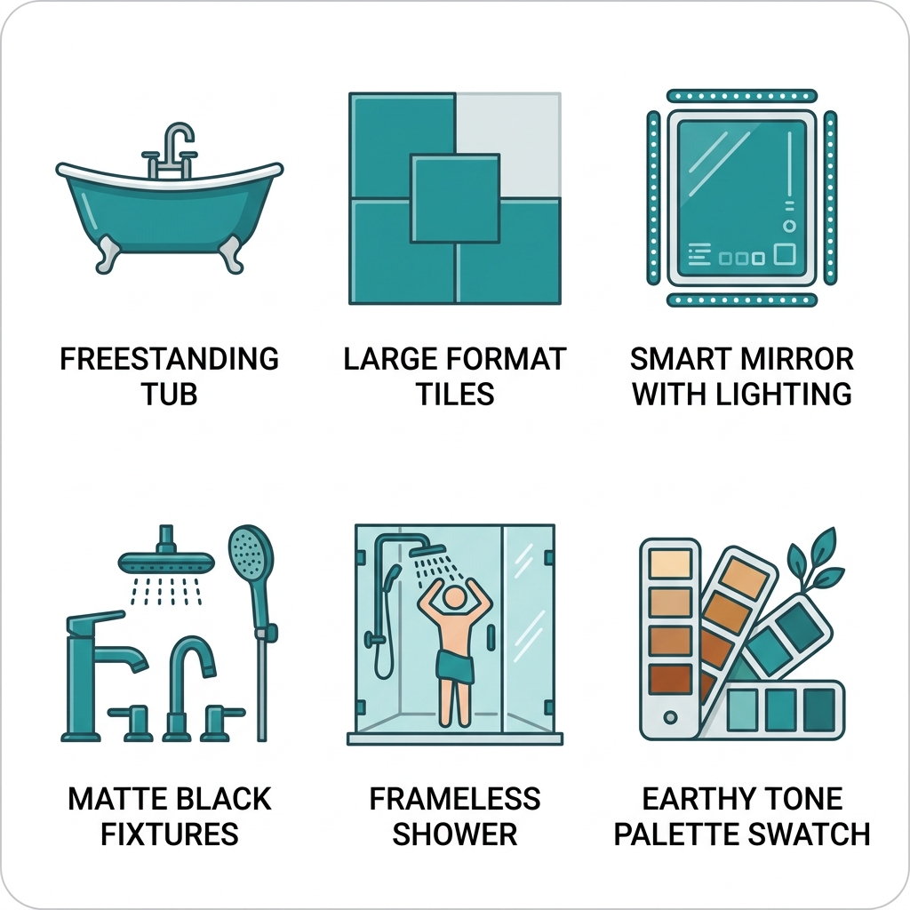 2x3 grid of six modern flat icons showing South Denver bathroom trends: freestanding tub, large tiles, smart mirror, matte black fixtures, frameless shower, earthy palette