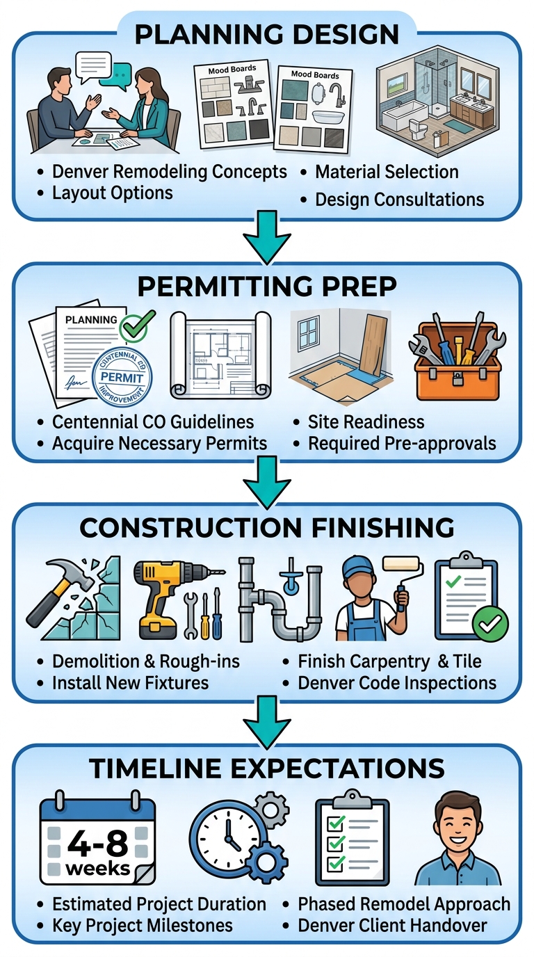 Vertical process flow diagram of bathroom remodeling phases: planning and design, permitting and preparation, construction and finishing, timeline expectations in Denver.