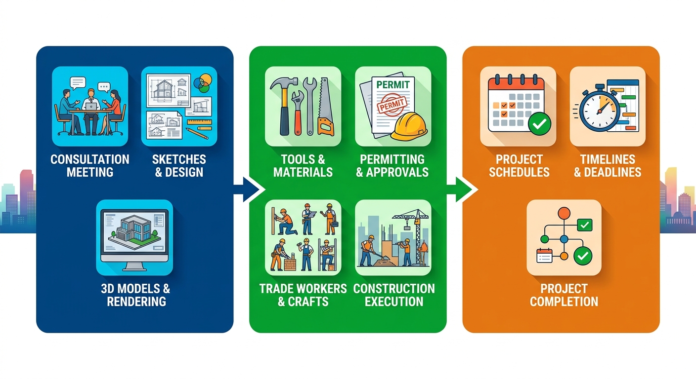 Horizontal process flow diagram of three design-build remodeling stages: consultation and design, construction execution, project timelines with icons.