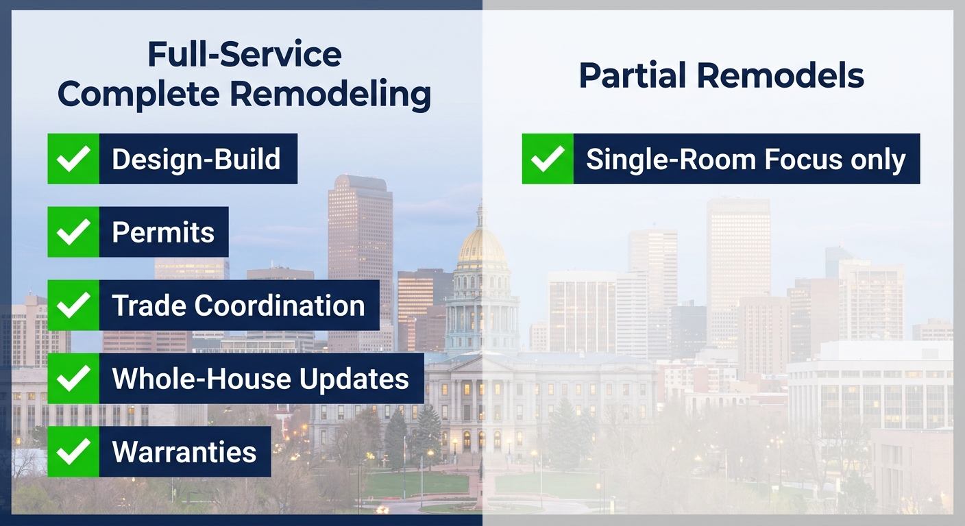 Infographic visually comparing full-service remodeling benefits against partial remodels using checkmarks and icons on Denver skyline background