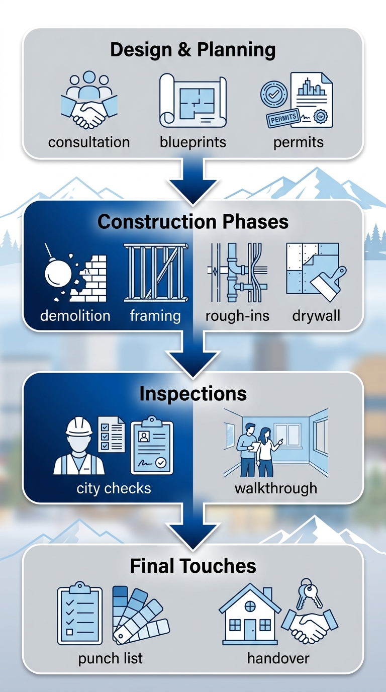 Vertical process flow diagram of ACN Construction's four-stage home remodeling process in Denver, from design and planning to final handover.