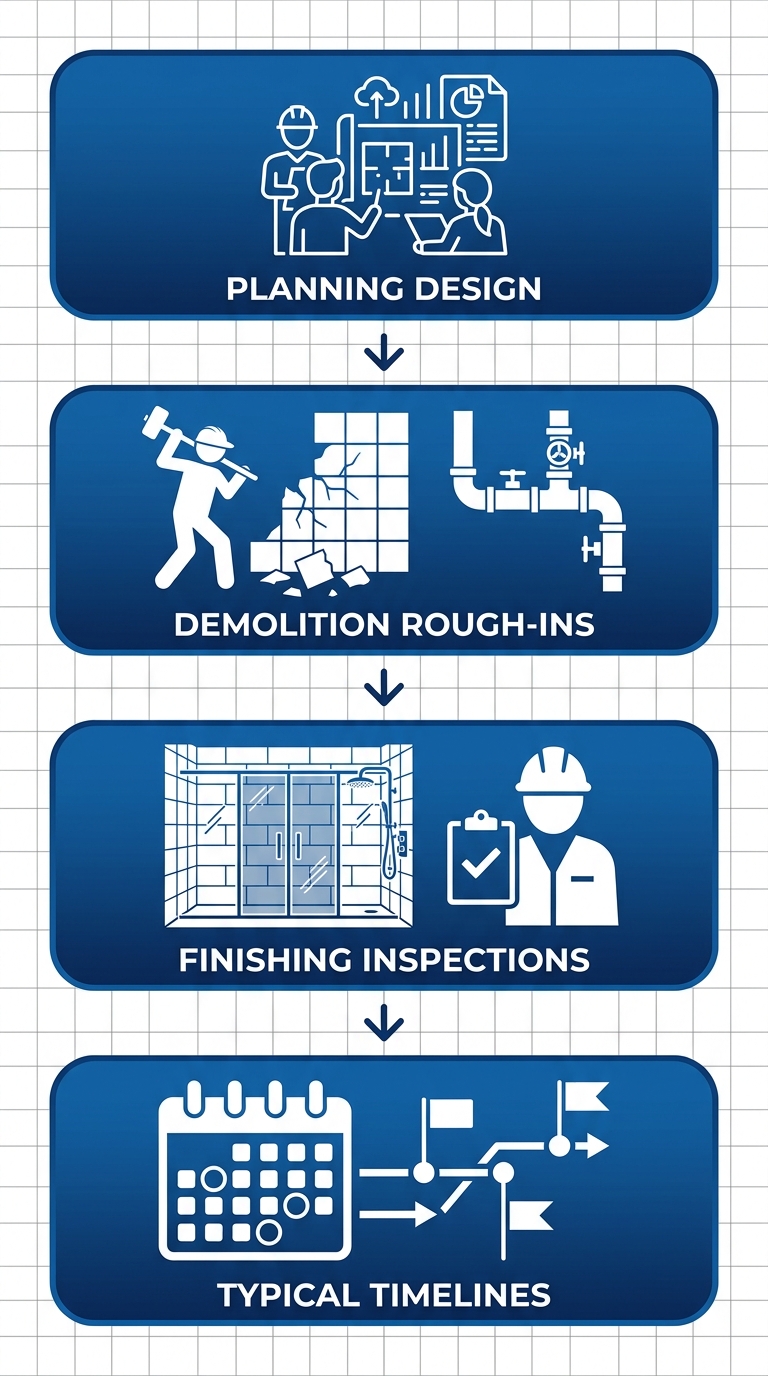 Vertical process flow diagram of four bathroom construction stages: planning and design, demolition and rough-ins, finishing and inspections, typical timelines with icons and arrows.