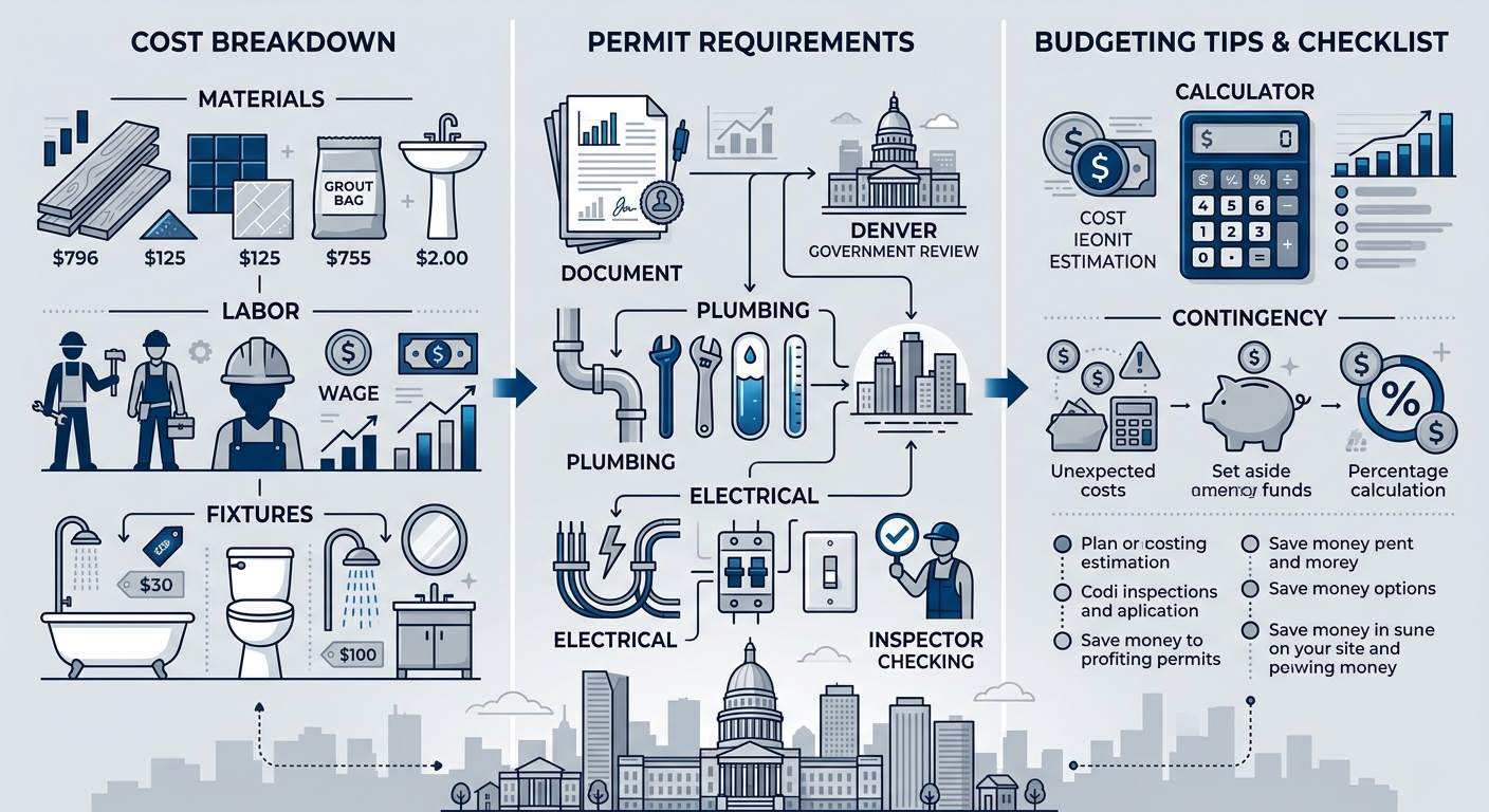 Infographic showing three key factors for bathroom construction in Denver: cost breakdown, permit requirements, and budgeting tips with icons.