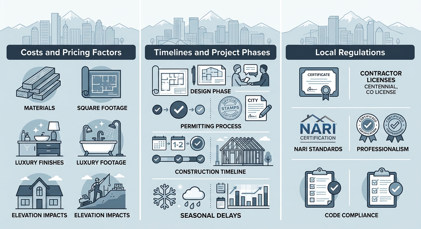 Three-panel infographic detailing costs, timelines, and regulations for custom home building in Denver.