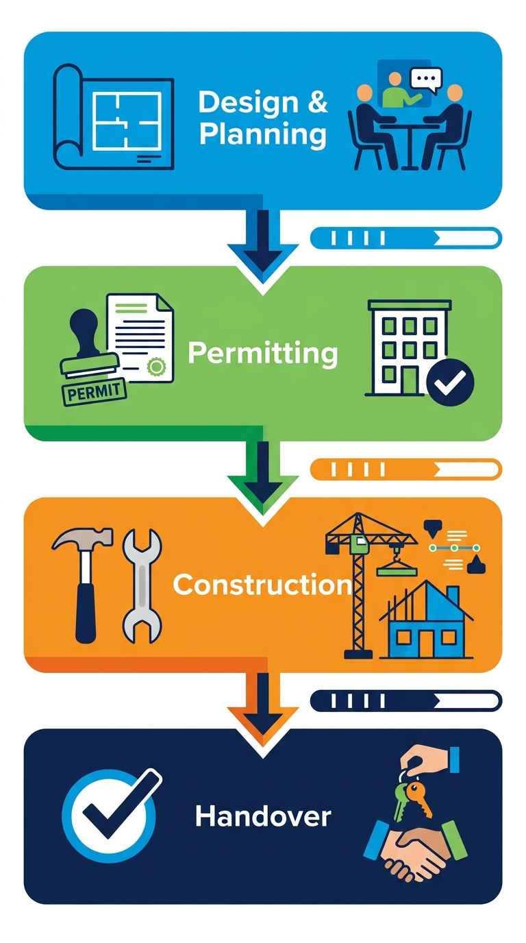 Vertical process flow diagram of ACN Construction's four-stage custom home building process in Denver Metro: design planning, permitting, construction, and handover with icons and arrows.