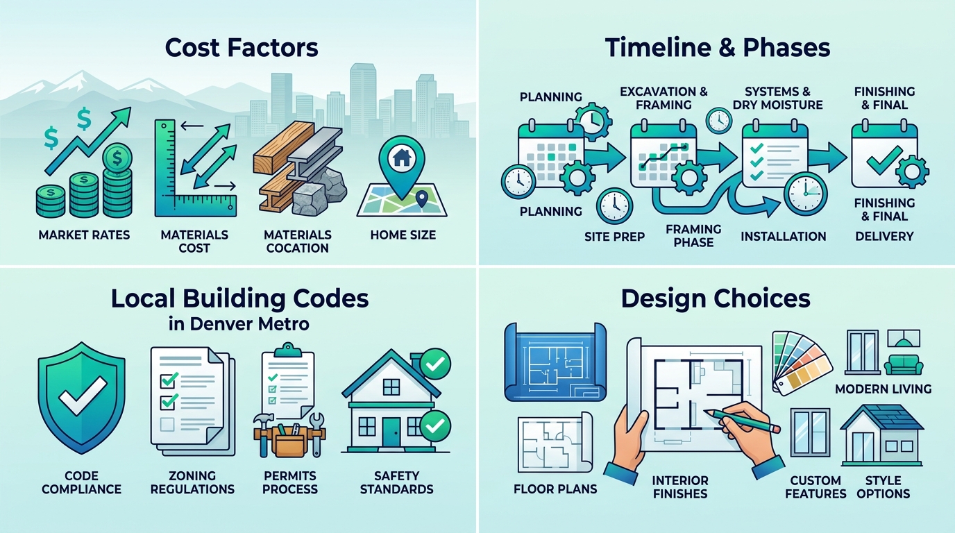 Infographic depicting four key factors in custom home construction: costs, timelines, building codes, and design choices in Denver Metro with icons and subtle skyline.