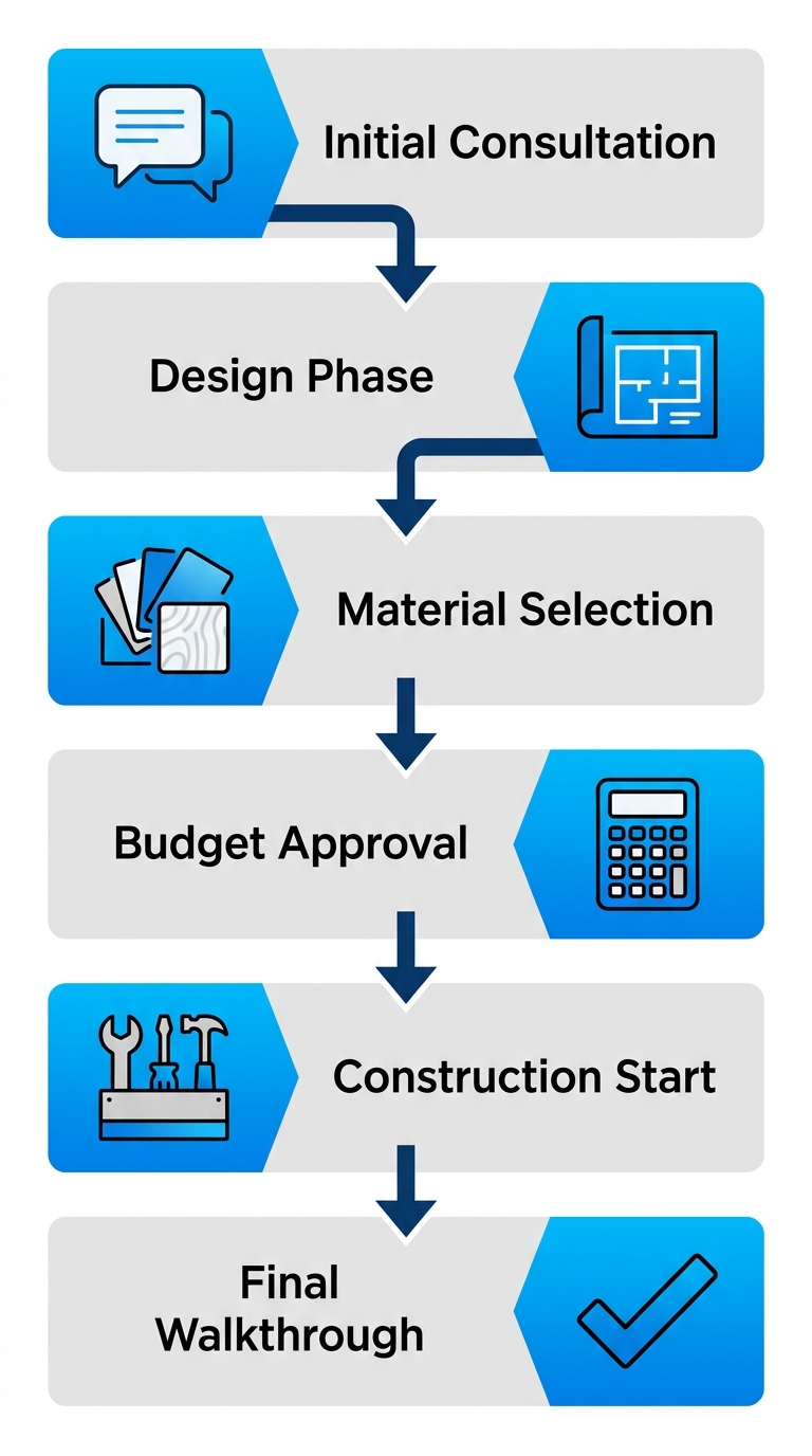 Vertical process flow diagram illustrating the 6-step home remodeling design-build process by ACN Construction.
