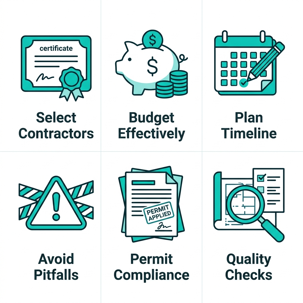 Square grid of six outline icons depicting best practices for home remodeling: selecting contractors, budgeting, timeline planning, avoiding pitfalls, permit compliance, and quality checks.