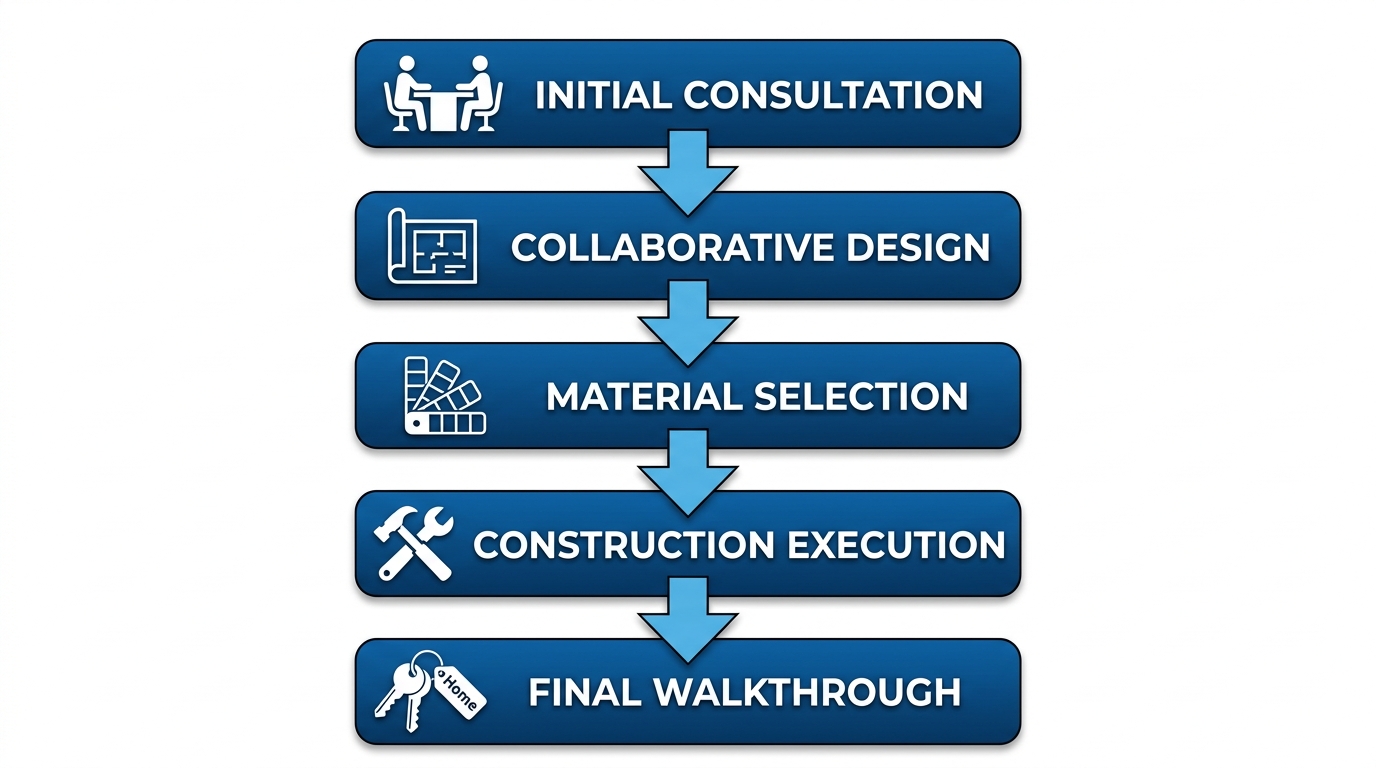 Vertical process flow diagram of 5-stage design-build process for Denver home projects by ACN Construction