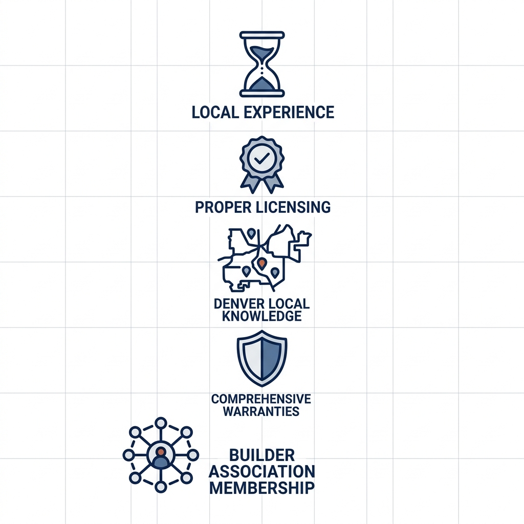 Vertical grid of five outline icons representing qualities of top Denver home builders